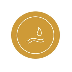 Icon with a gold circle containing a droplet and wave line on a white background