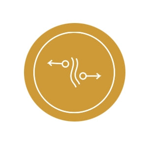 White icon of a target with arrows on a gold circle background