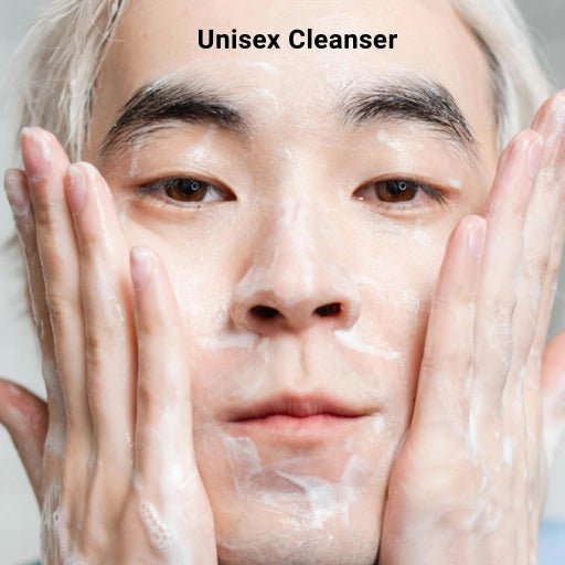 Man applying Unisex Cleanser to face with text overlay