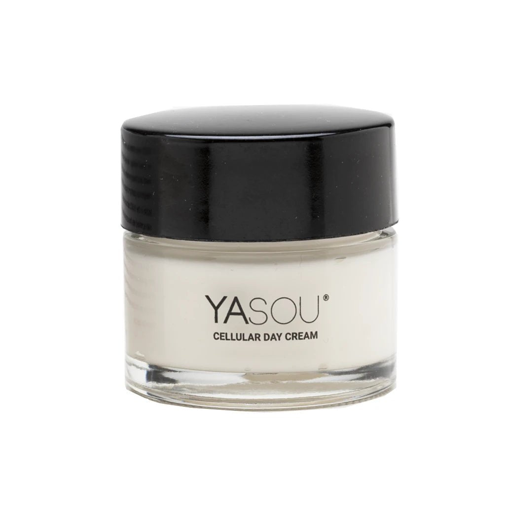YASOU vegan day cream in a glass jar with a black high top cap on a white background.