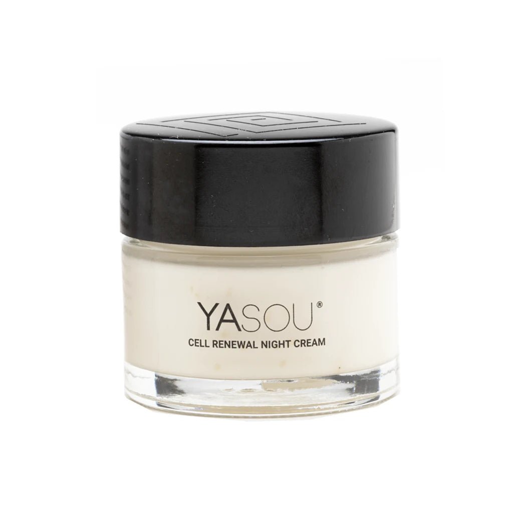 YASOU vegan night cream in a glass jar with a black high top cap on a white background.