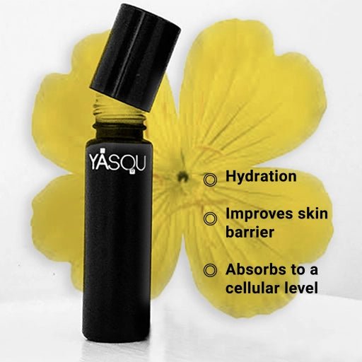 YASOU vegan lip elixir black jar with black tilted cap infront of the flower called "Evening Primrose"