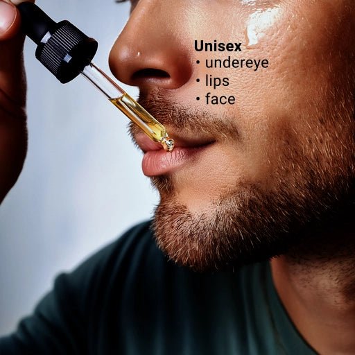 Person applying a dropper of liquid to their lips with text indicating 'Unisex' uses.